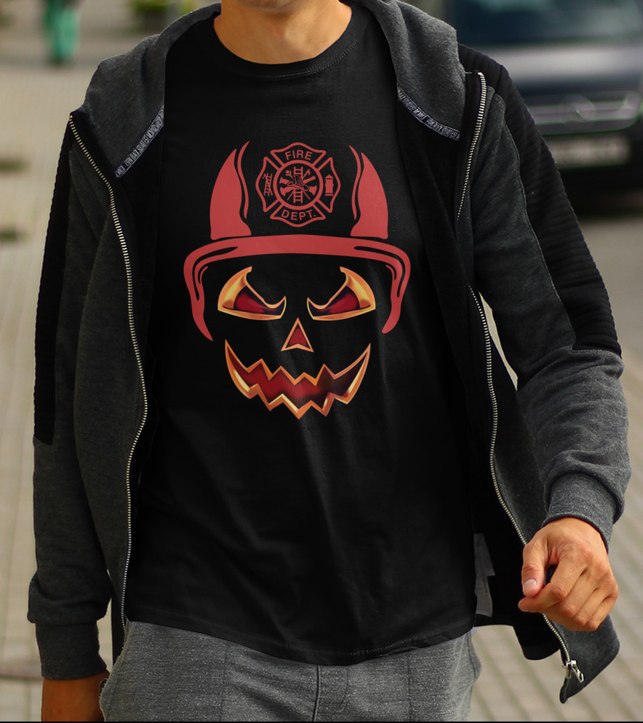 Fire Dept Firefighter Pumpkin Halloween Face T-Shirt