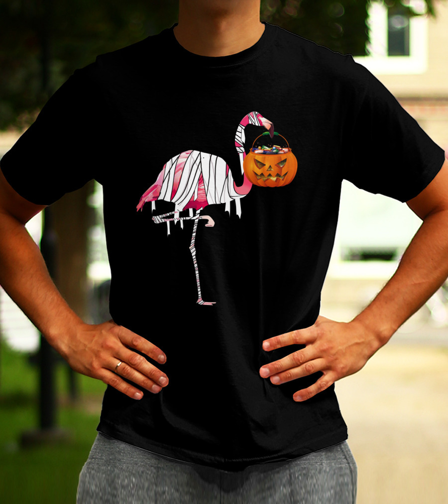 Halloween Pumpkin Mummy Flamingo Holding Candy Jack-o'-Lantern T-Shirt
