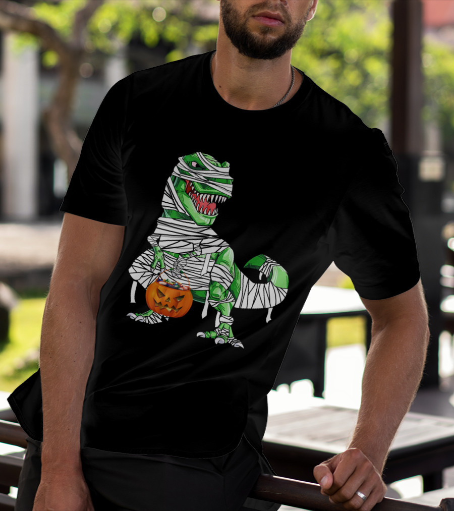 Halloween Pumpkin Mummy Dinosaur With Candy Bucket T-Shirt
