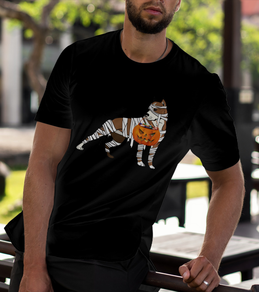 Halloween Mummy Wrapped Pitbull With Jack-O'-Lantern Pumpkin Basket T-Shirt