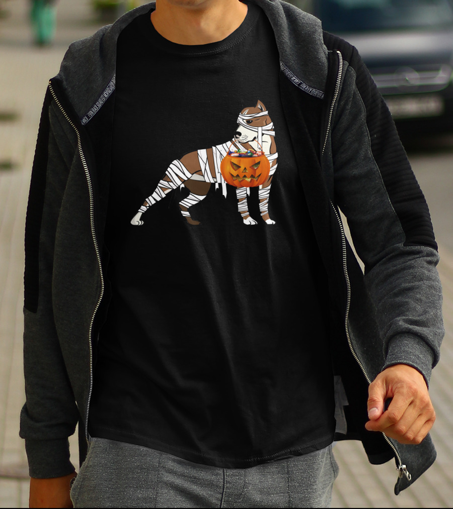 Halloween Mummy Wrapped Pitbull With Jack-O'-Lantern Pumpkin Basket T-Shirt