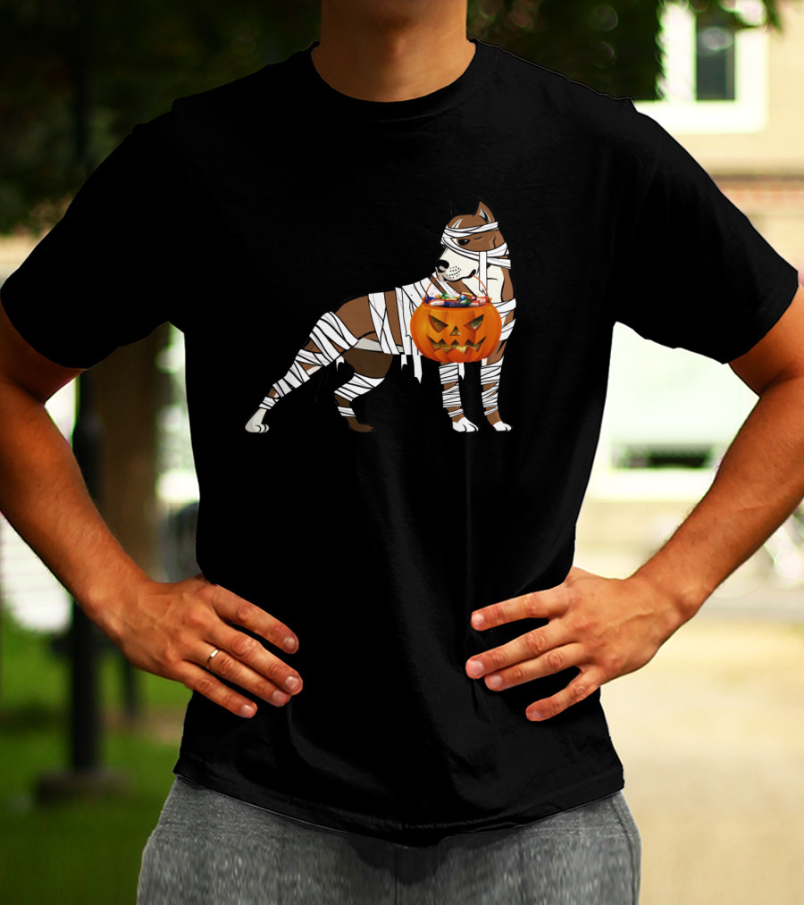 Halloween Mummy Wrapped Pitbull With Jack-O'-Lantern Pumpkin Basket T-Shirt