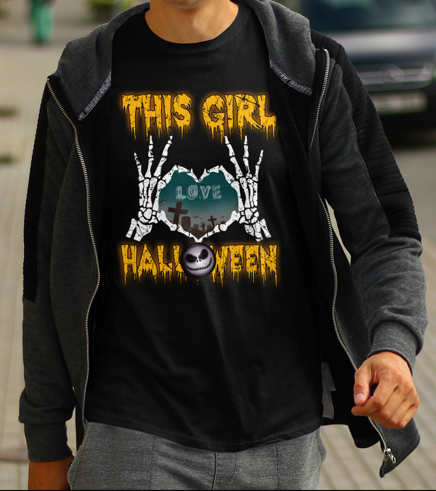 This Girl Love Halloween Skeleton Heart Graveyard Jack-O-Lantern T-Shirt