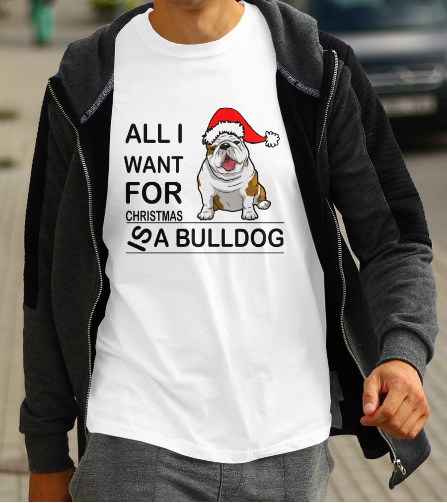 All I Want For Christmas Is A Bulldog With Santa Hat Iconic Festive Dog Lover's Phrase T-Shirt