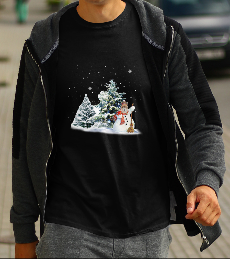 Alpaca Snowman In Winter Forest With Falling Snowflakes T-Shirt