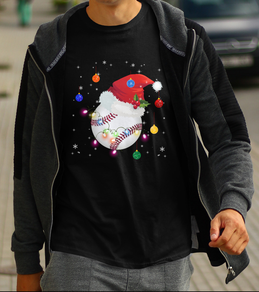 Santa Hat Baseball Christmas Ornaments Holiday Lights Snowflakes T-Shirt
