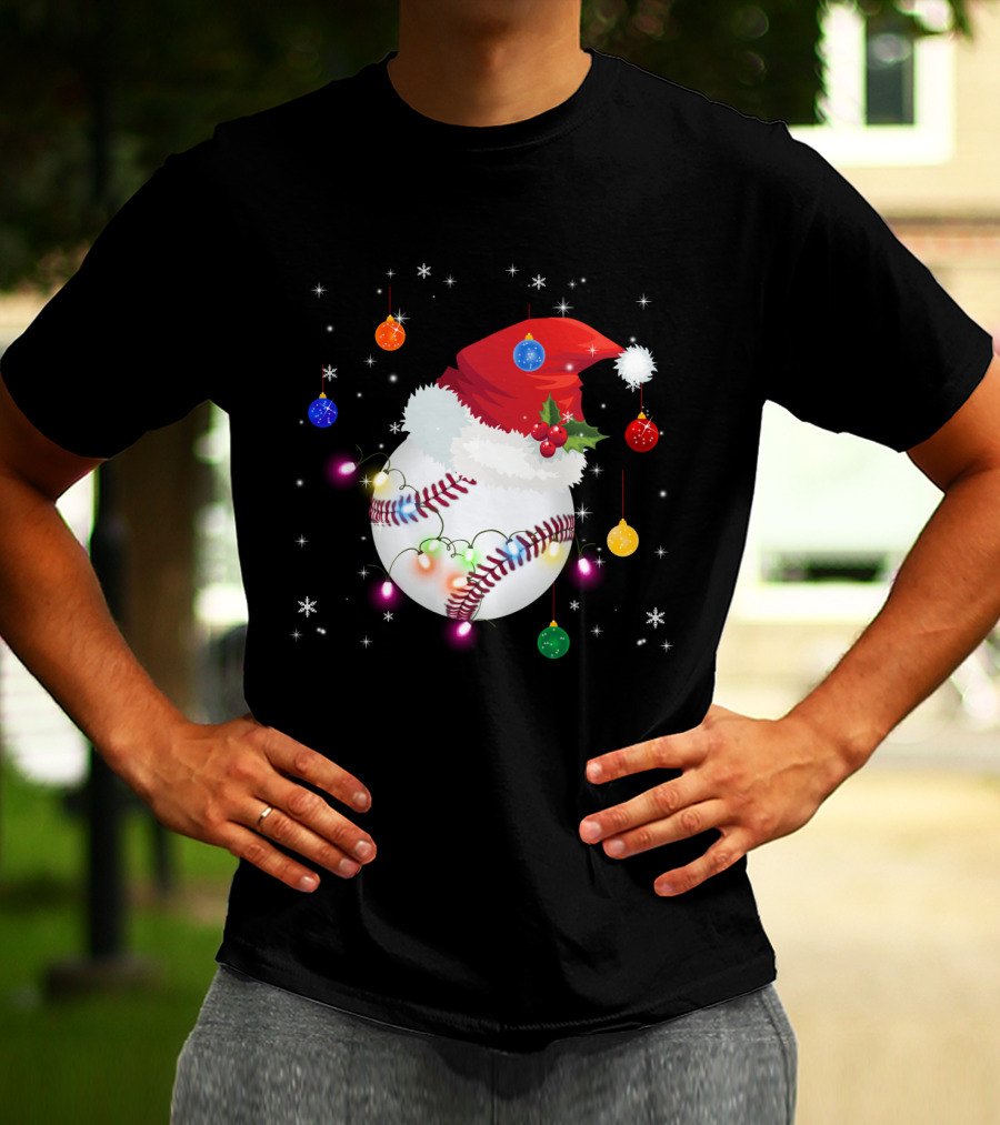 Santa Hat Baseball Christmas Ornaments Holiday Lights Snowflakes T-Shirt