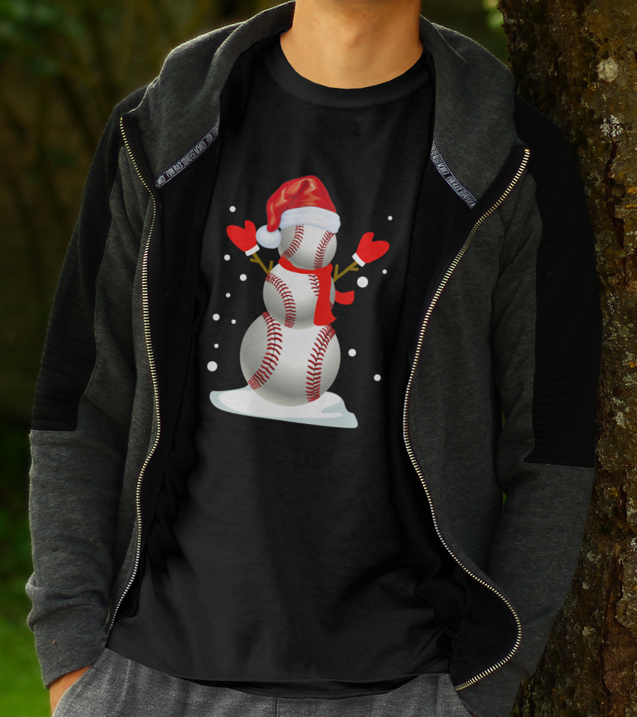 Baseball-Themed Snowman With Santa Hat And Mittens Winter Holiday T-Shirt