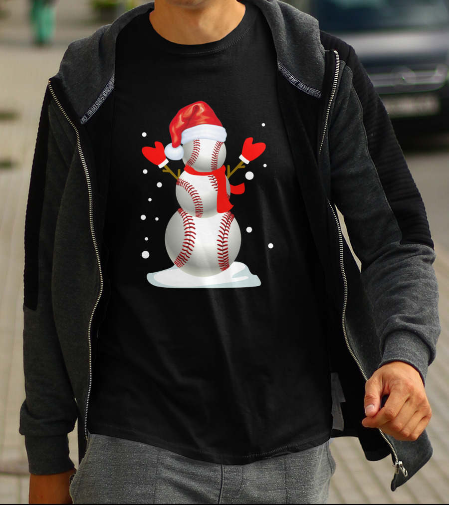 Baseball-Themed Snowman With Santa Hat And Mittens Winter Holiday T-Shirt