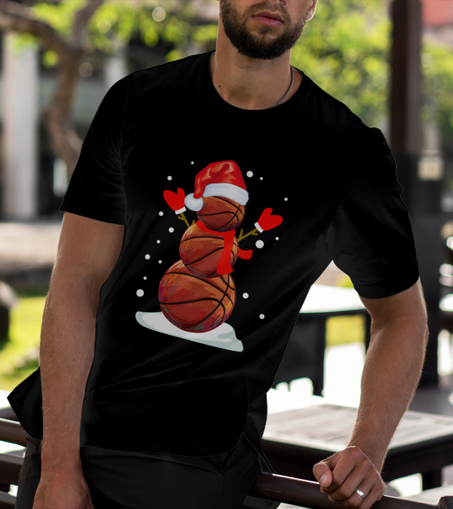Basketball Snowman With Santa Hat And Red Mittens T-Shirt
