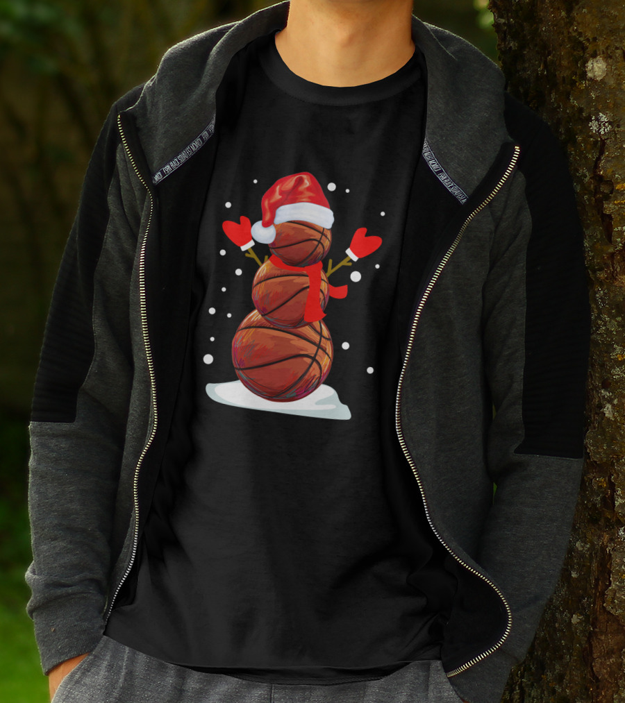 Basketball Snowman With Santa Hat And Red Mittens T-Shirt