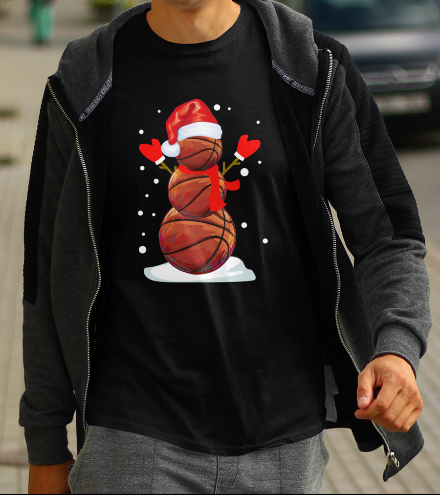 Basketball Snowman With Santa Hat And Red Mittens T-Shirt