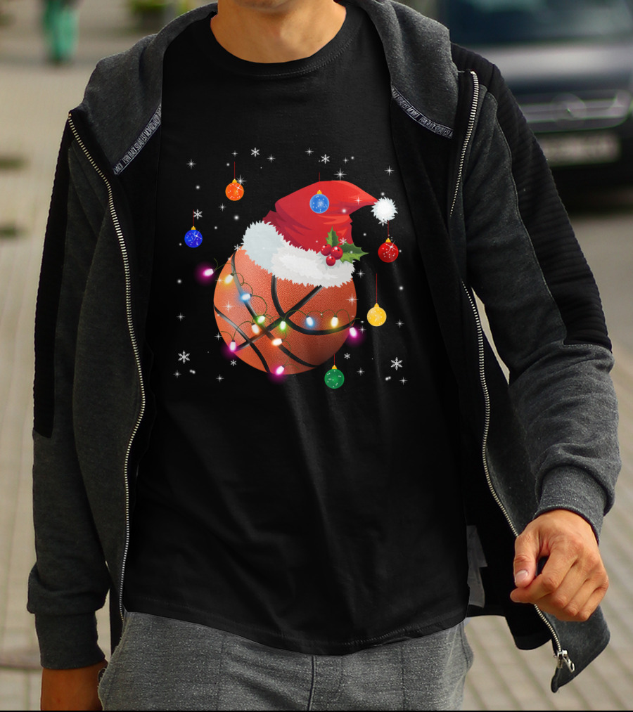 Santa Hat Basketball With Christmas Lights And Ornaments T-Shirt