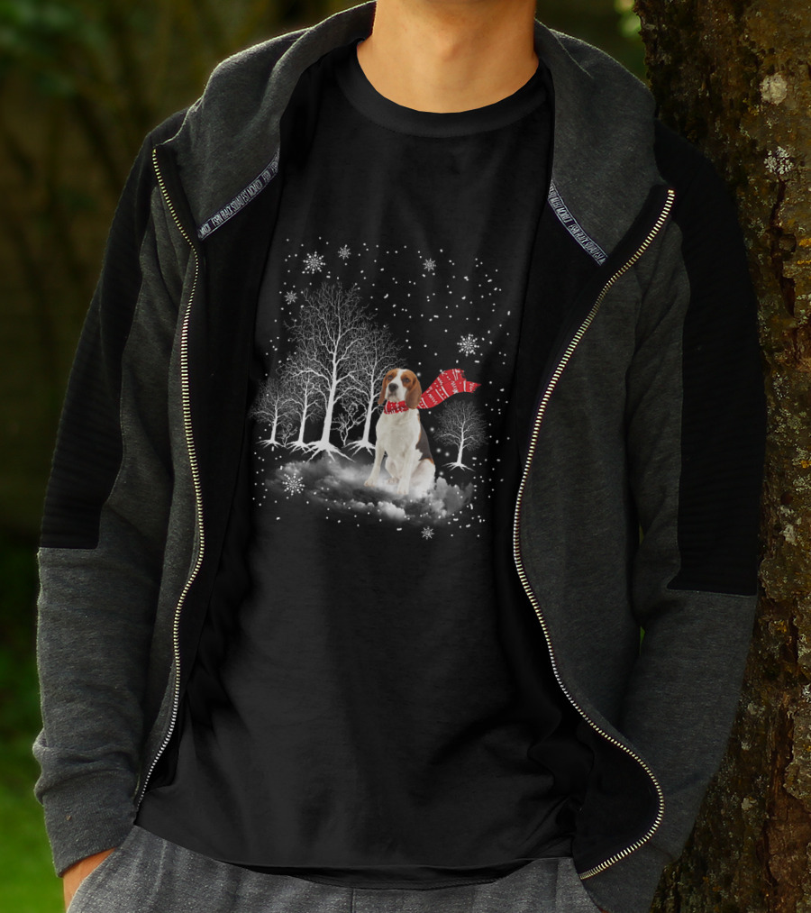Basset Hound Winter Wonderland Snowy Trees Red Scarf T-Shirt
