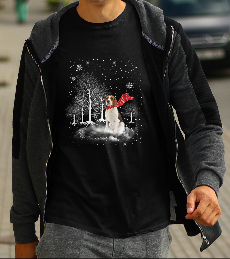Basset Hound Winter Wonderland Snowy Trees Red Scarf T-Shirt