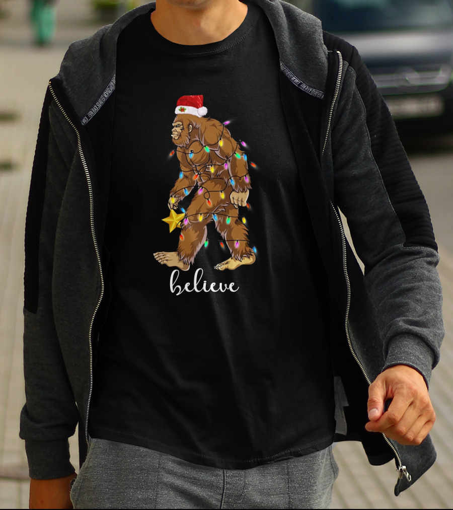 Bigfoot Christmas Lights Believe With Santa Hat And Star T-Shirt