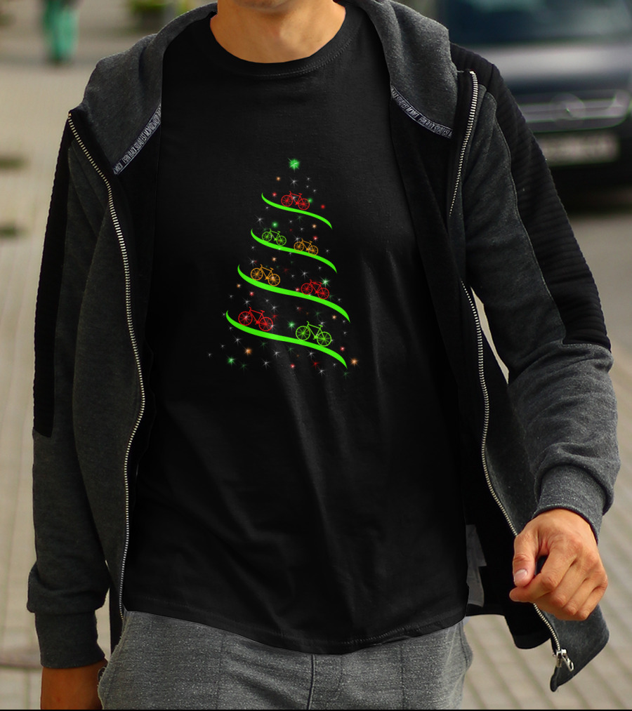 Bicycle Holiday Tree Lights With Red Green Yellow Bikes And Stars T-Shirt