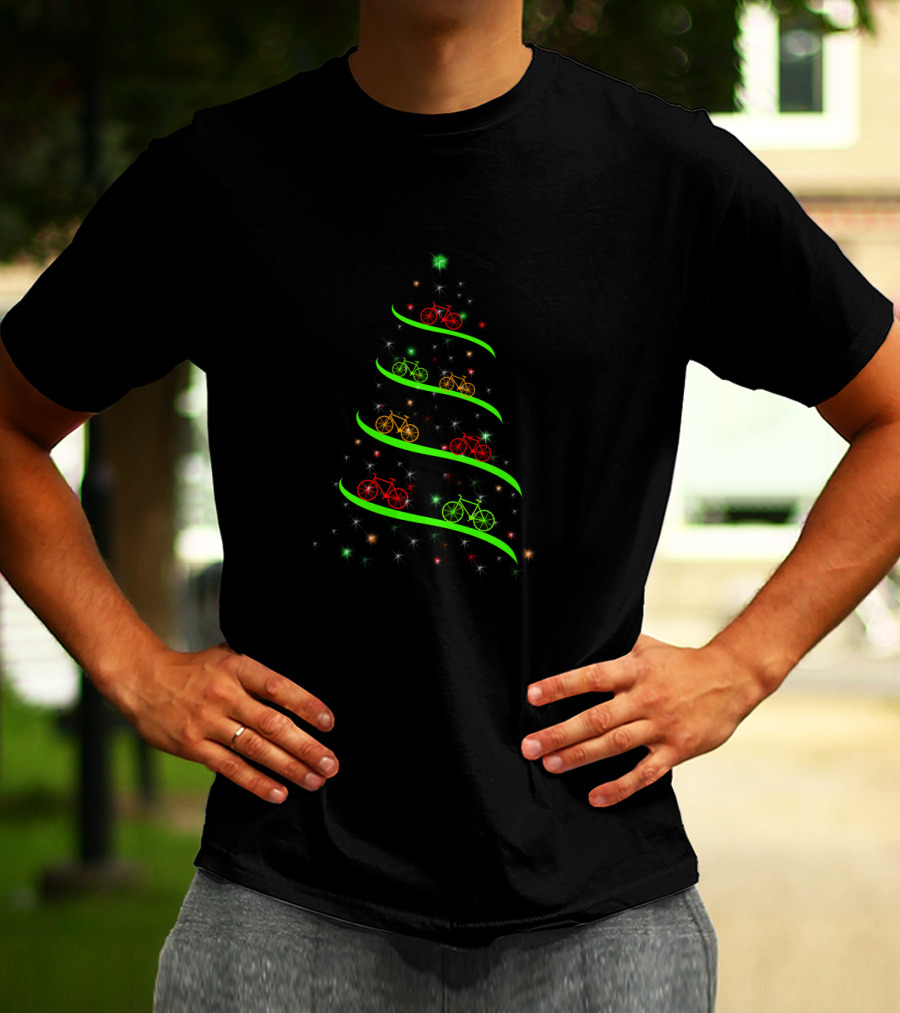 Bicycle Holiday Tree Lights With Red Green Yellow Bikes And Stars T-Shirt