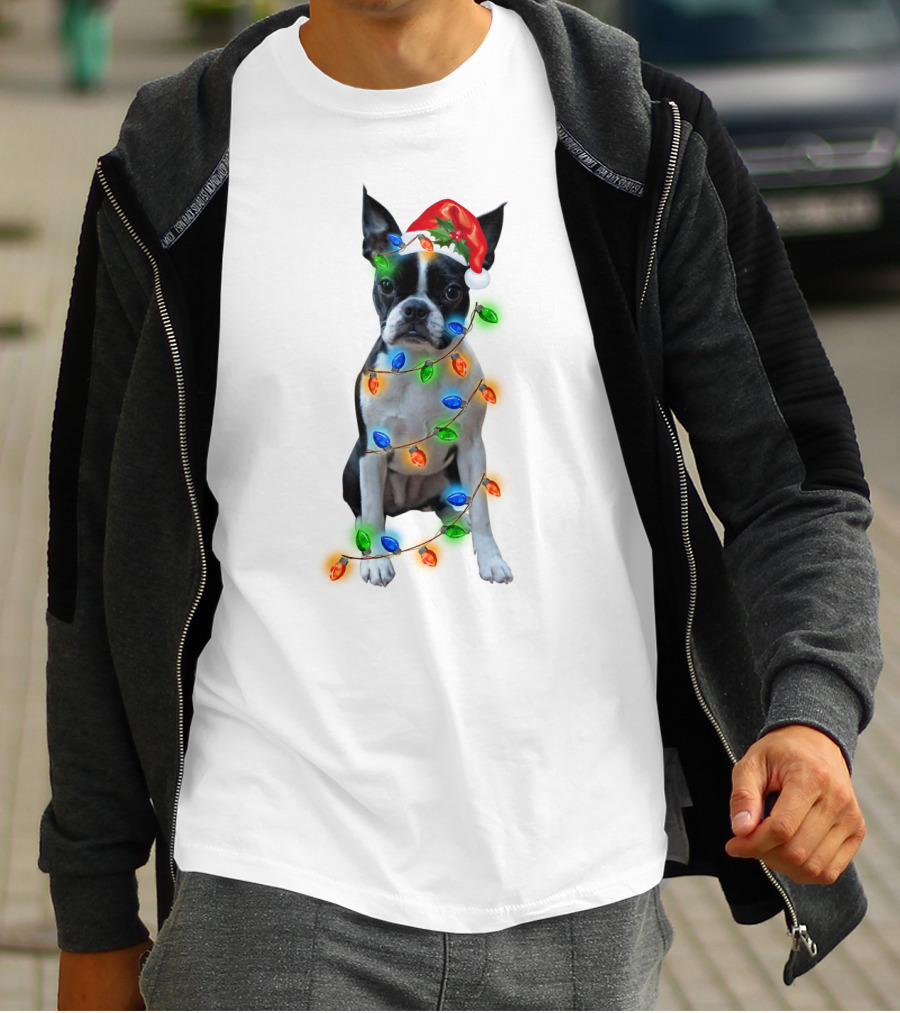 Boston Terrier With Christmas Lights And Santa Hat T-Shirt
