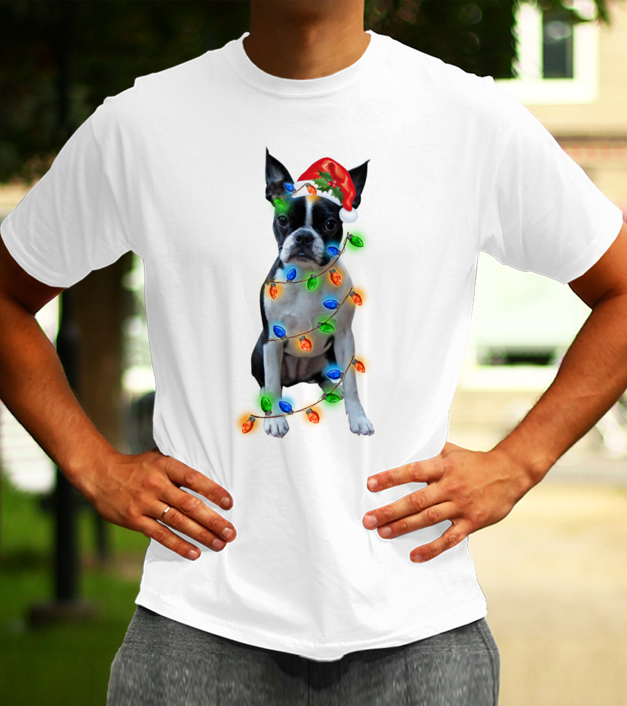 Boston Terrier With Christmas Lights And Santa Hat T-Shirt