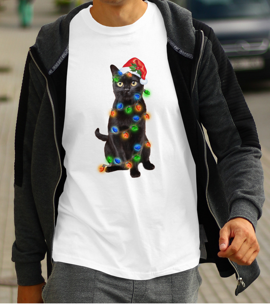 Santa Hat Black Cat Wrapped In Colorful Christmas Lights T-Shirt