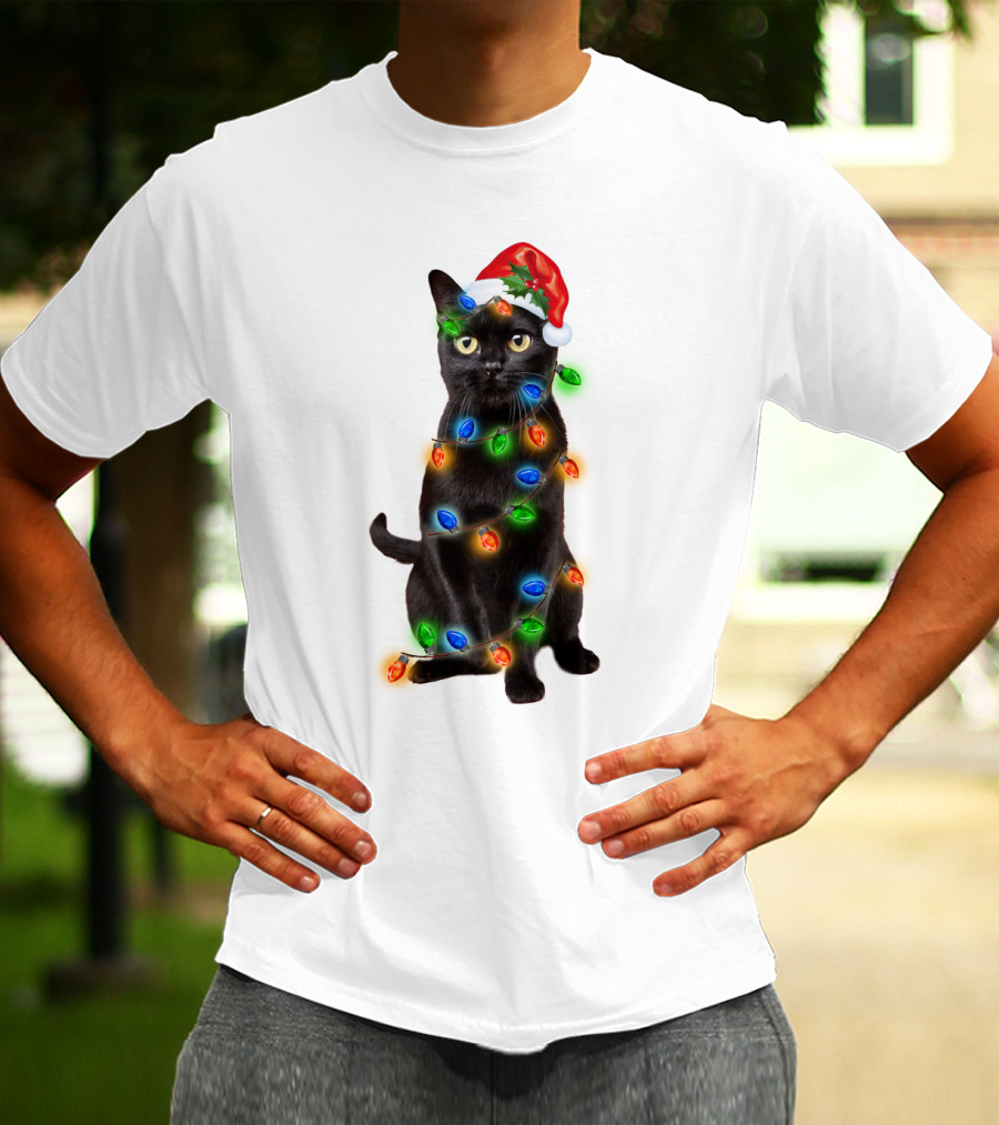 Santa Hat Black Cat Wrapped In Colorful Christmas Lights T-Shirt