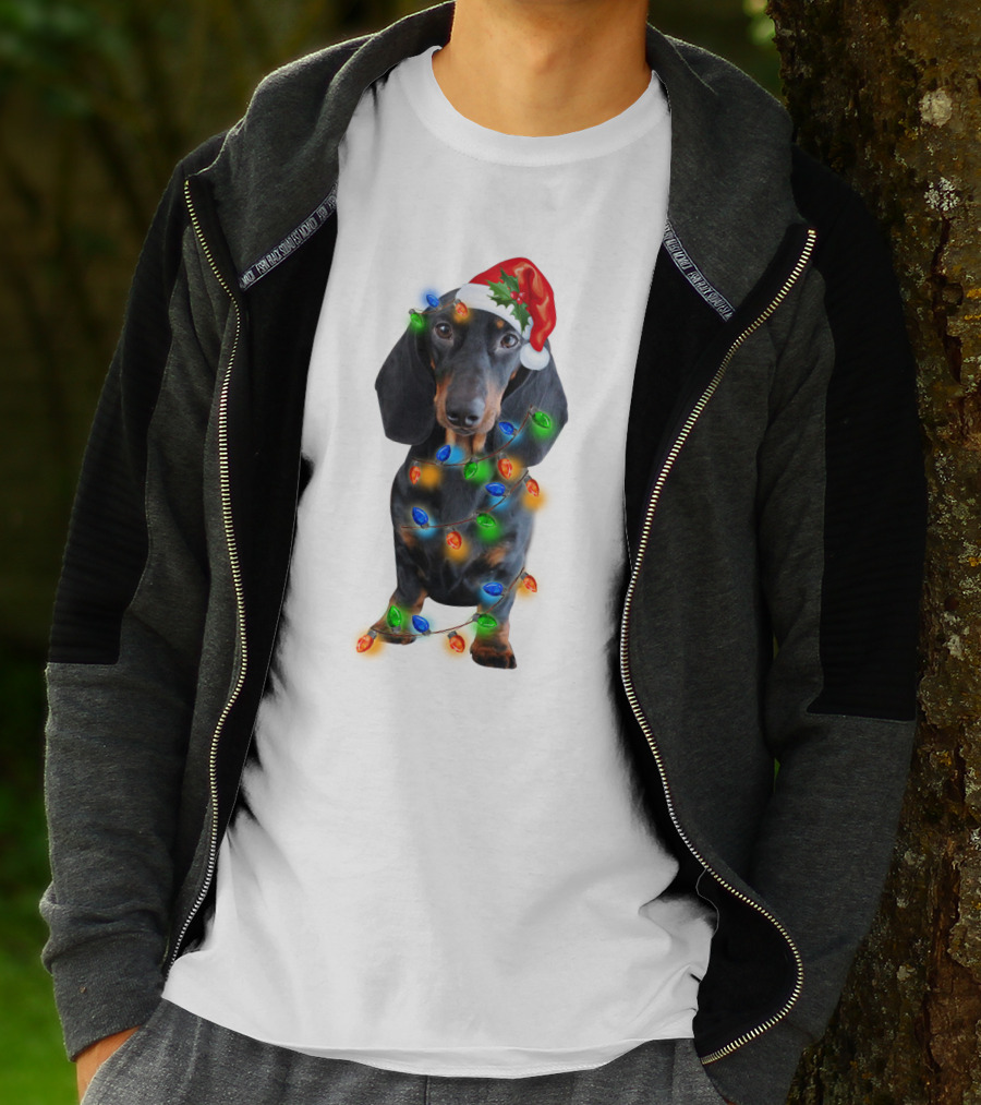 Black Dachshund Wearing Santa Hat And Wrapped In Christmas Lights T-Shirt