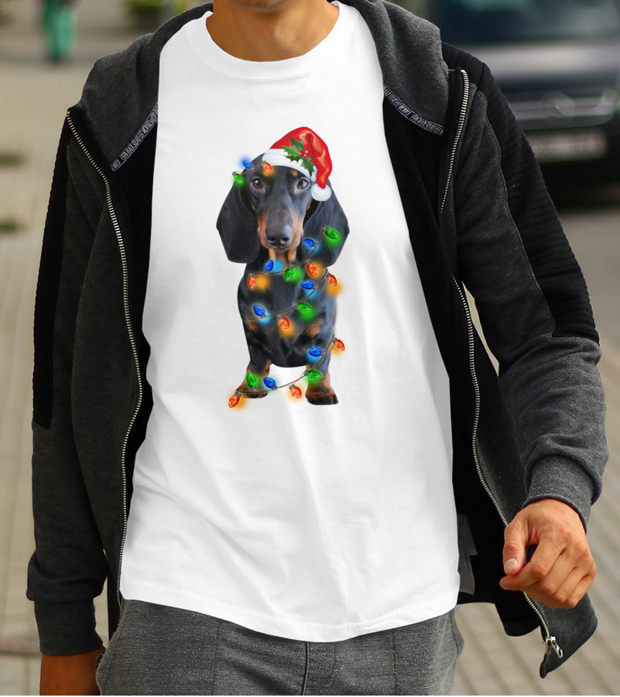Black Dachshund Wearing Santa Hat And Wrapped In Christmas Lights T-Shirt