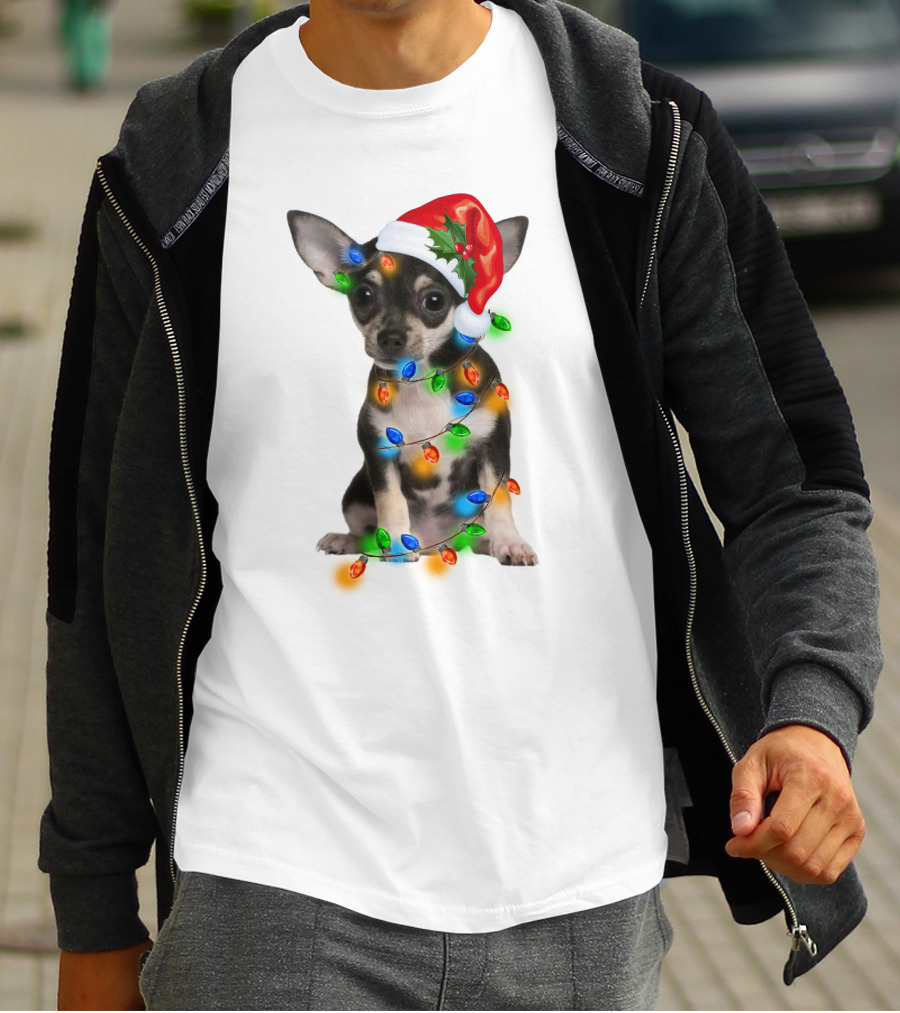 Black Chihuahua Wearing Santa Hat Wrapped In Colorful Christmas Lights T-Shirt