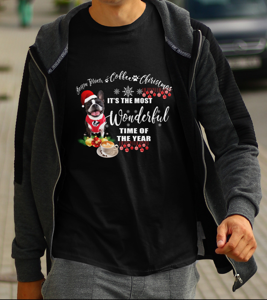 Boston Terrier Coffee Christmas It's The Most Wonderful Time Of The Year T-Shirt