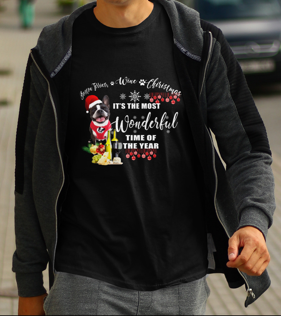 Boston Terrier Wine Christmas It's The Most Wonderful Time Of The Year T-Shirt