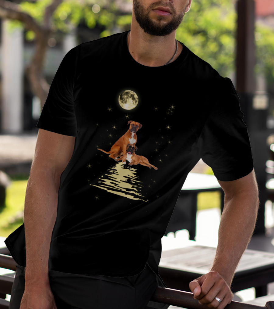 Boxer Dog Under Starry Sky Moonlit Reflection T-Shirt
