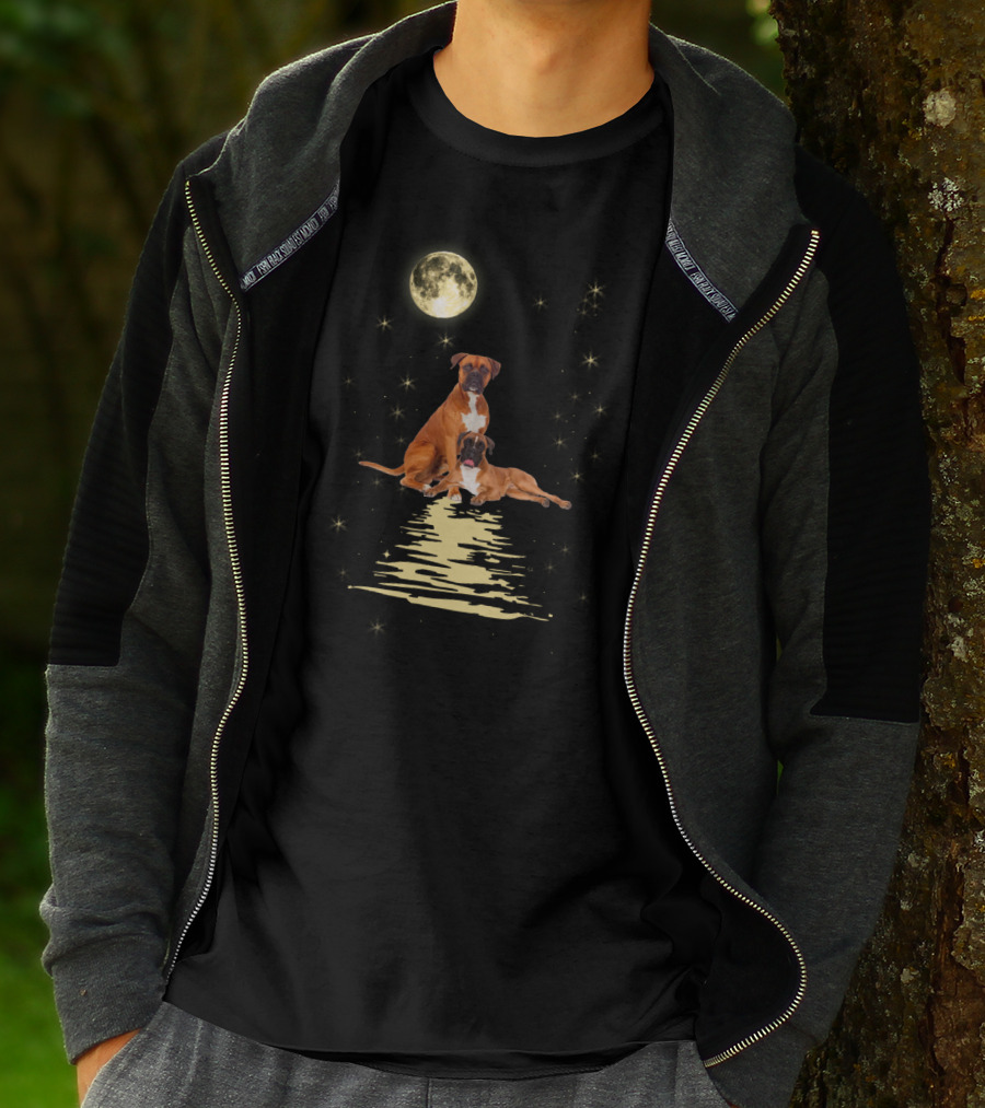 Boxer Dog Under Starry Sky Moonlit Reflection T-Shirt