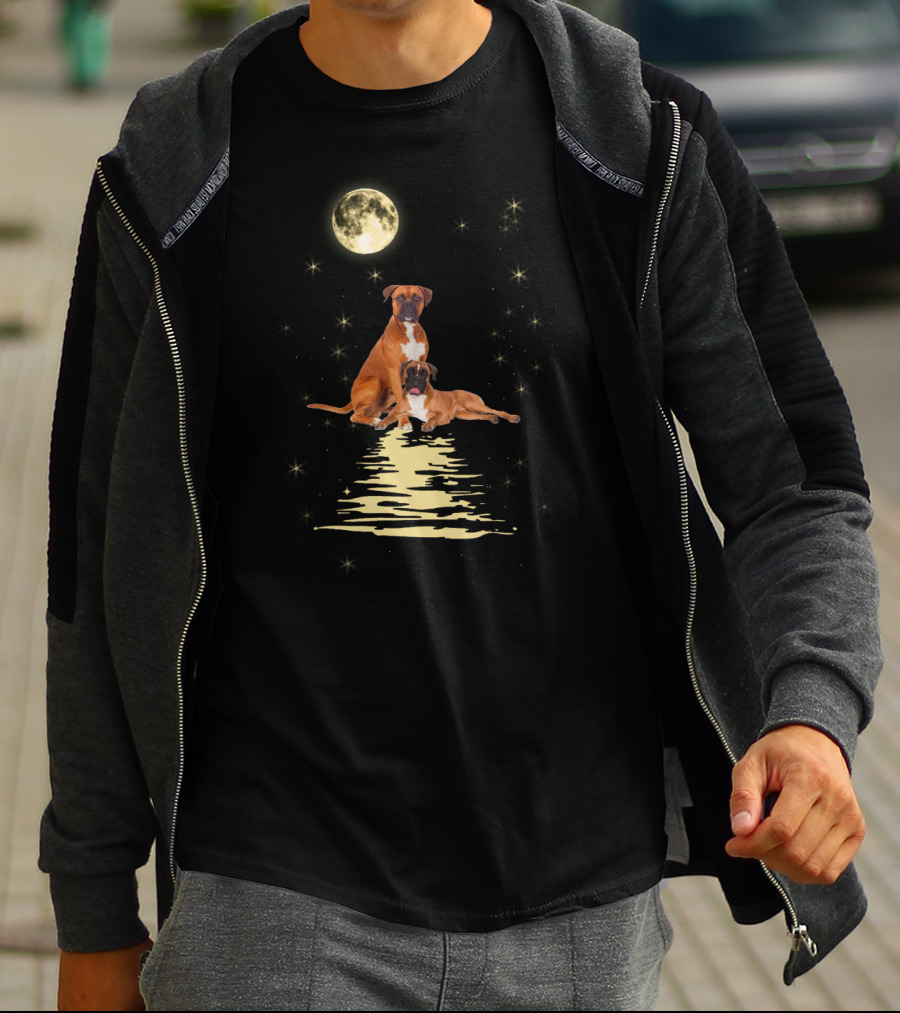 Boxer Dog Under Starry Sky Moonlit Reflection T-Shirt