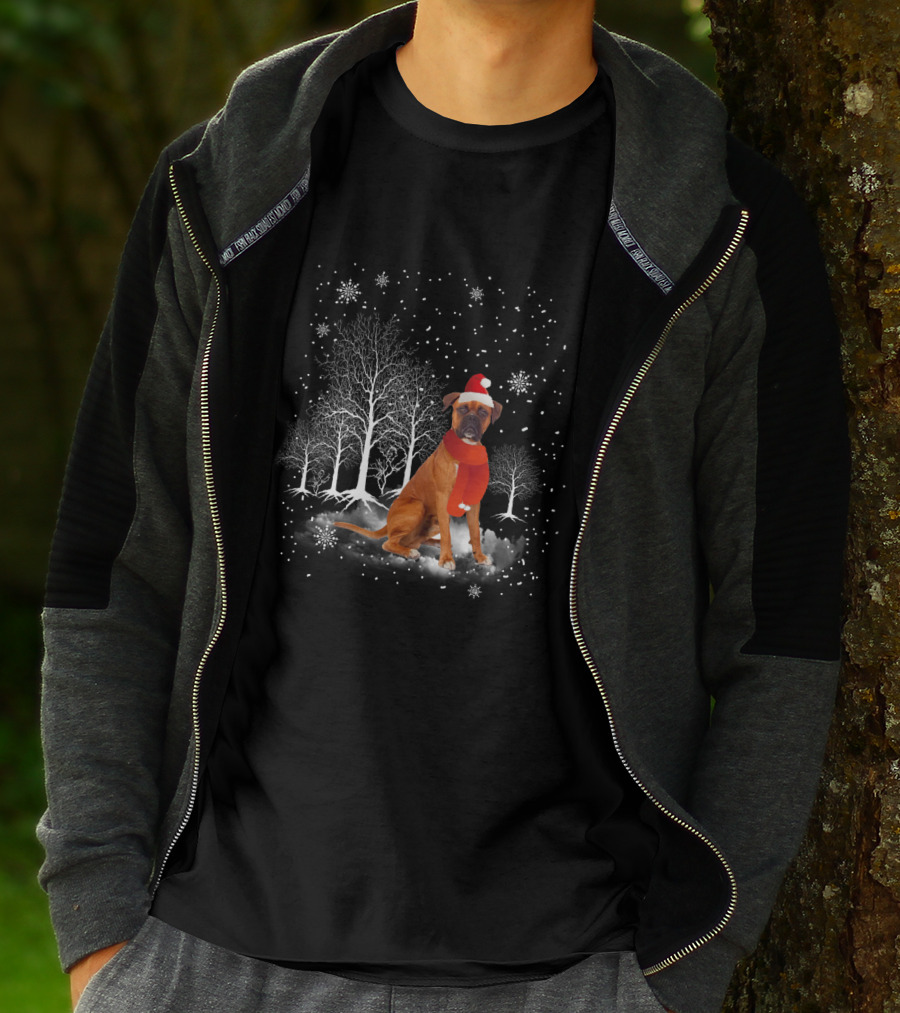 Boxer Dog With Santa Hat And Scarf In Snowy Winter Wonderland Scene T-Shirt
