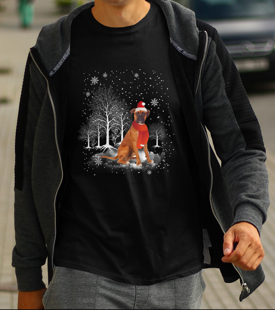 Boxer Dog With Santa Hat And Scarf In Snowy Winter Wonderland Scene T-Shirt