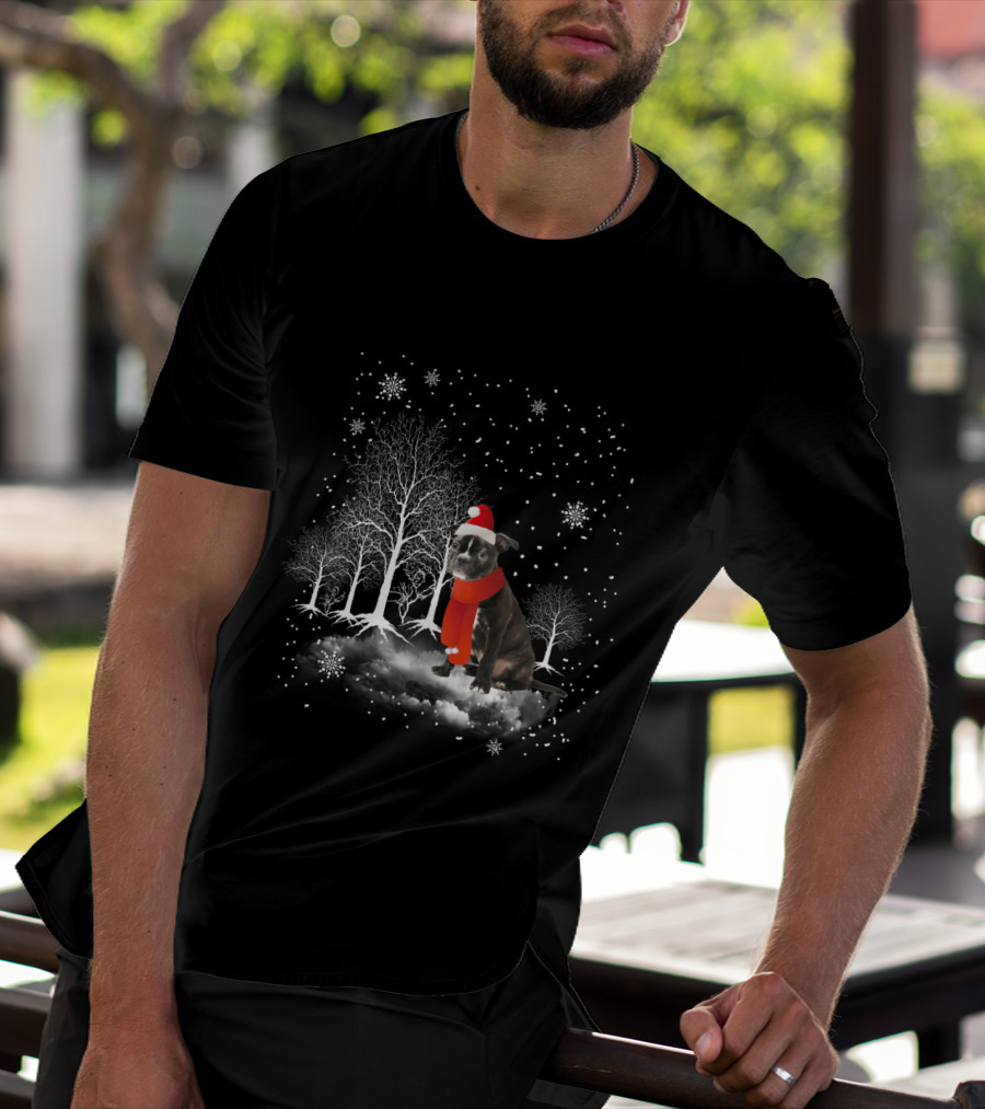 Boston Terrier In Snowy Winter Wonderland With Santa Hat And Scarf T-Shirt