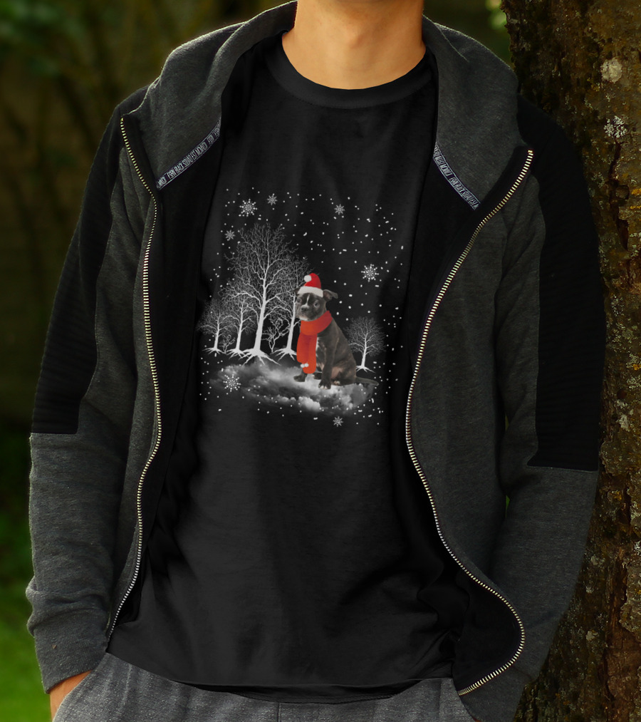 Boston Terrier In Snowy Winter Wonderland With Santa Hat And Scarf T-Shirt