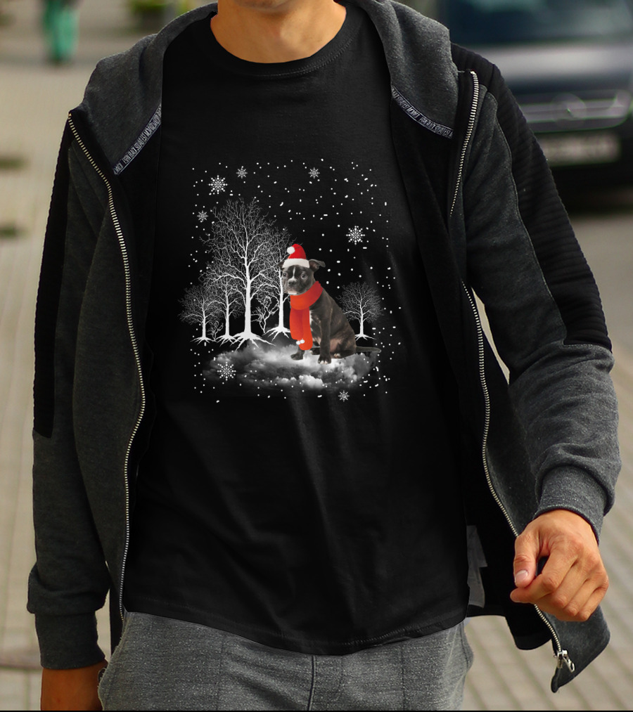 Boston Terrier In Snowy Winter Wonderland With Santa Hat And Scarf T-Shirt