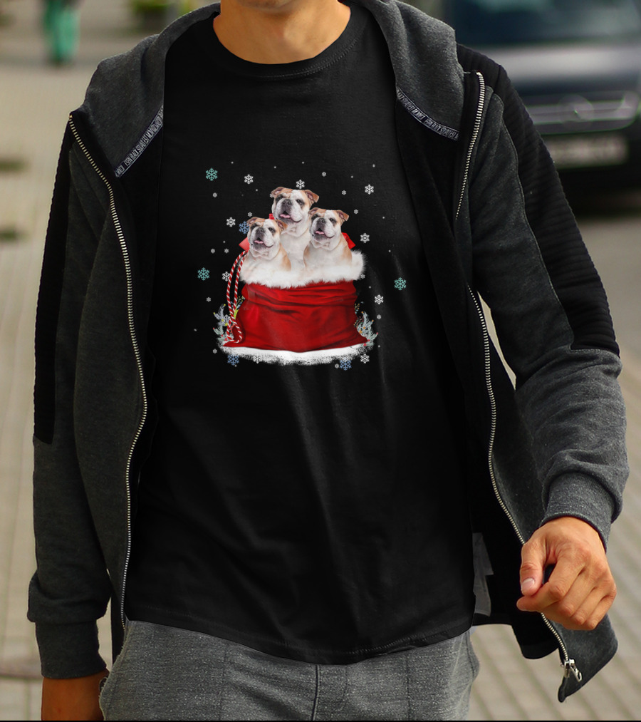 Bulldog Trio Christmas Sack Snowflakes Holiday T-Shirt