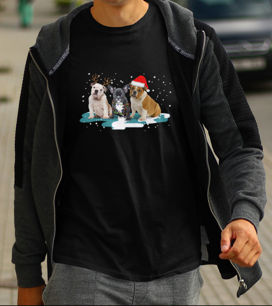 Bulldog Christmas With Reindeer Antlers And Santa Hat For Dog Lovers T-Shirt
