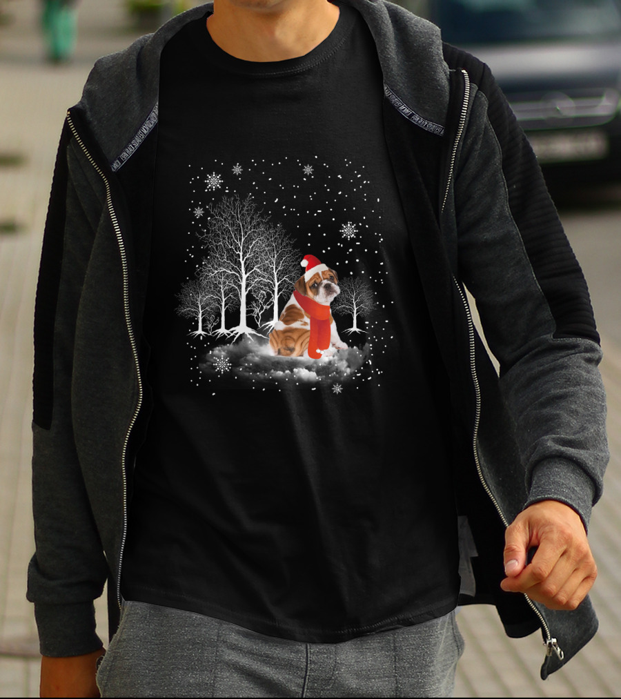 Bulldog In Snowy Forest With Santa Hat And Scarf Amidst Falling Snowflakes T-Shirt