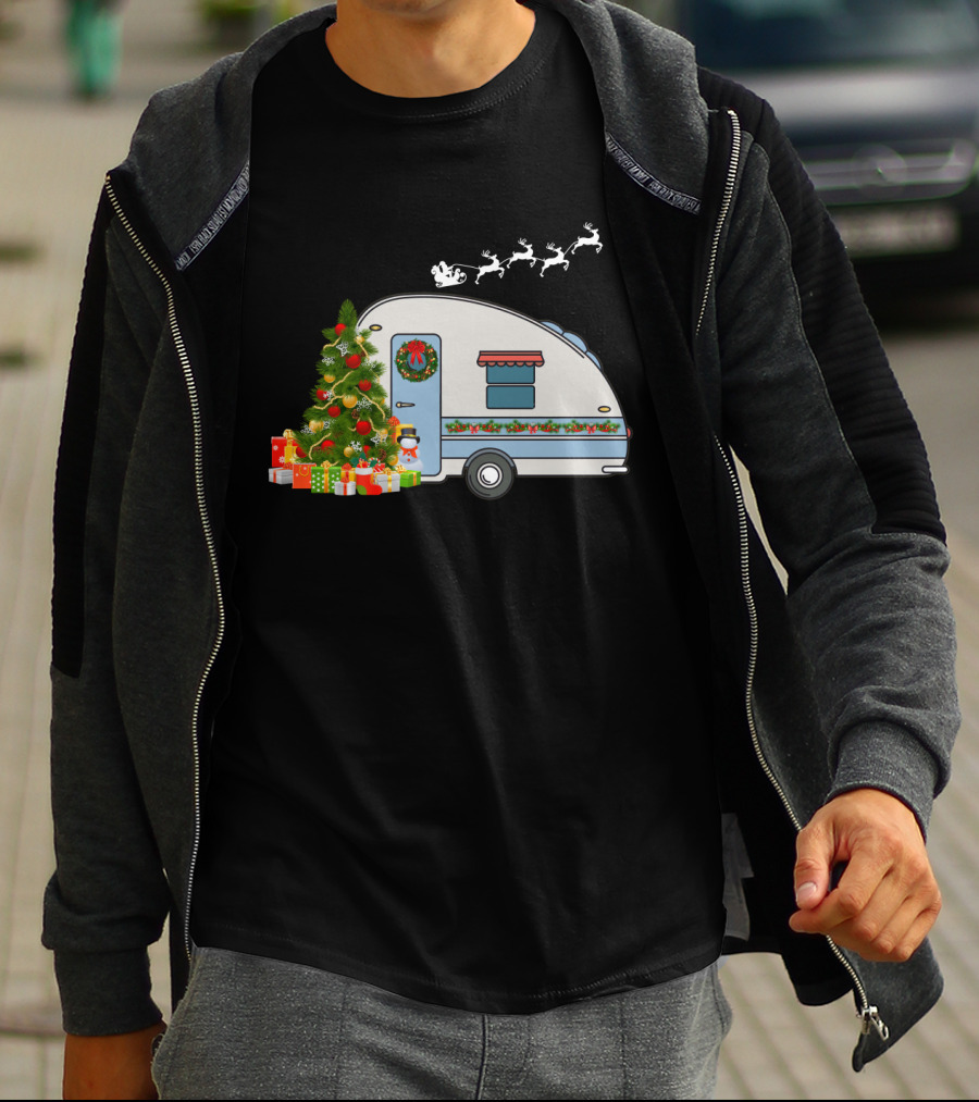 Camper Van With Christmas Tree, Snowman, Presents, And Santa Sleigh T-Shirt