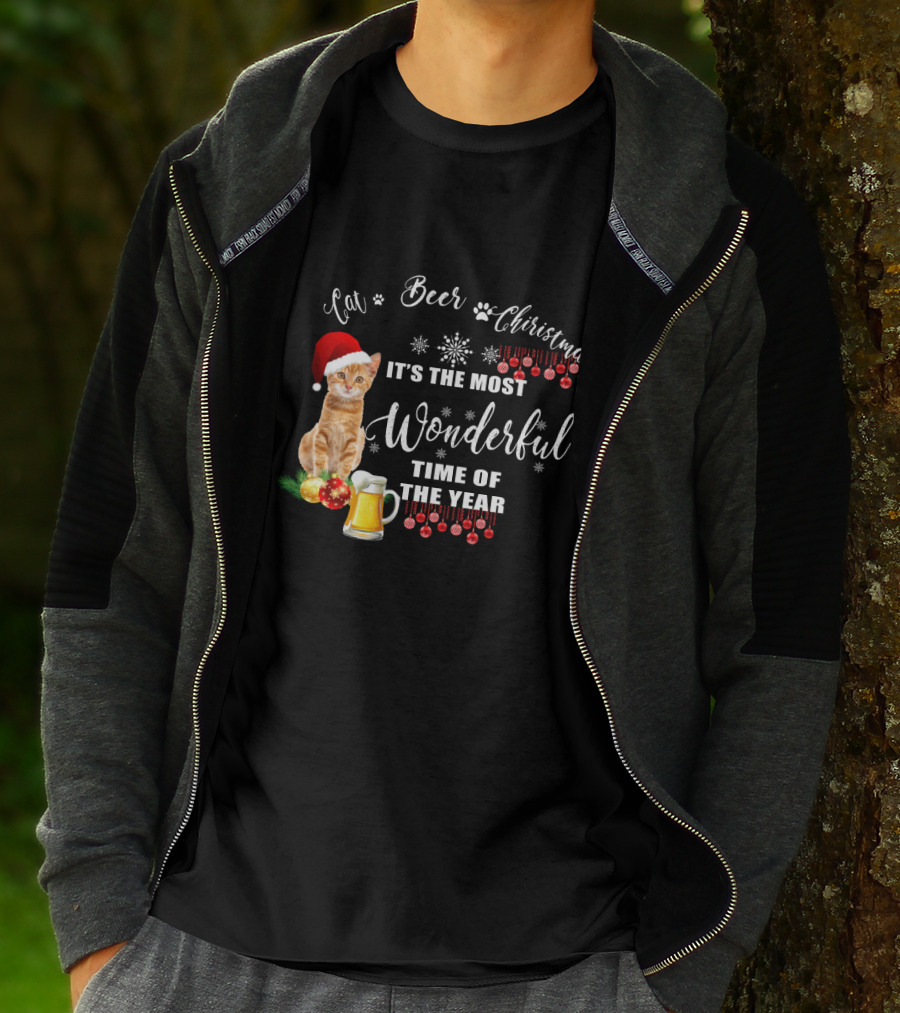 Cat Beer Christmas It's The Most Wonderful Time Of The Year Snowflakes Santa Hat T-Shirt