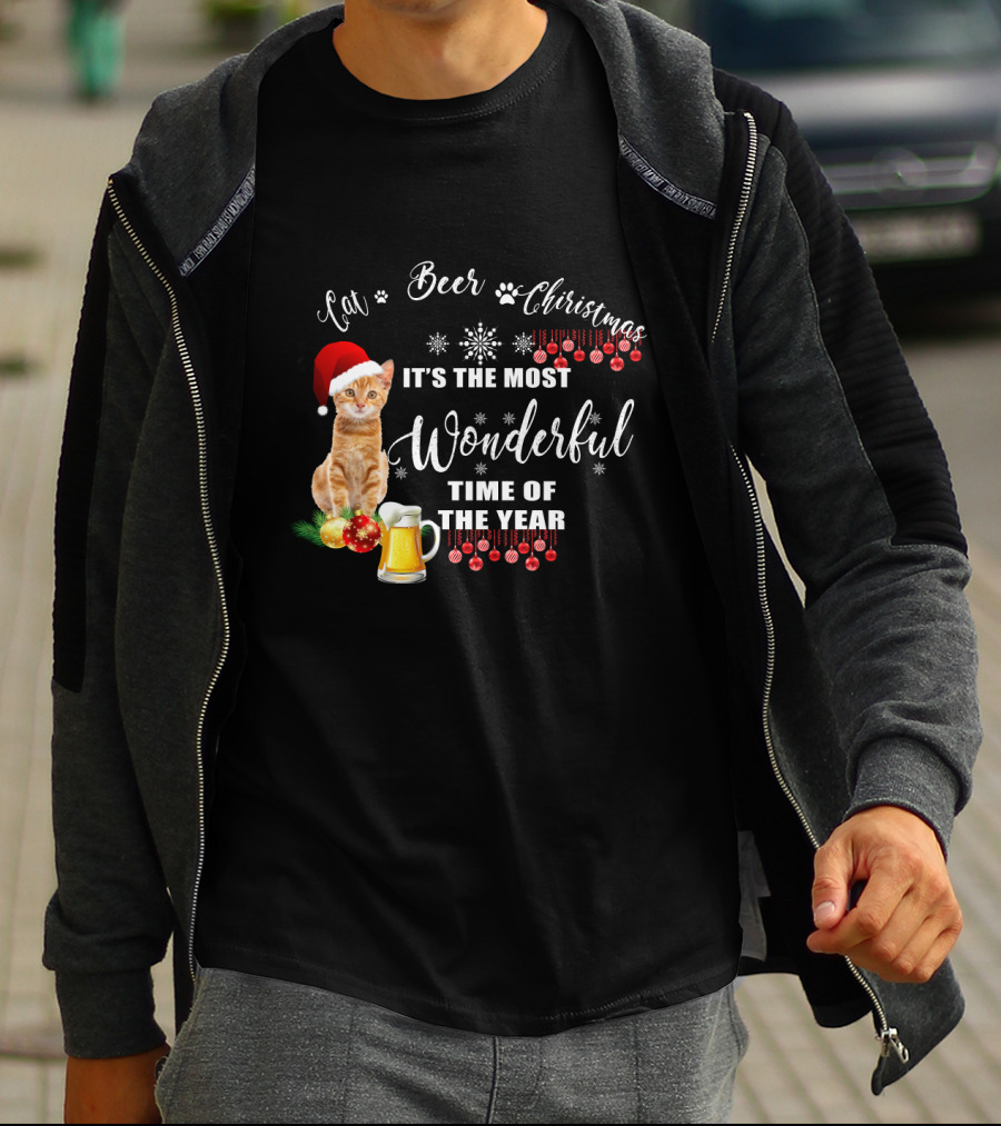 Cat Beer Christmas It's The Most Wonderful Time Of The Year Snowflakes Santa Hat T-Shirt