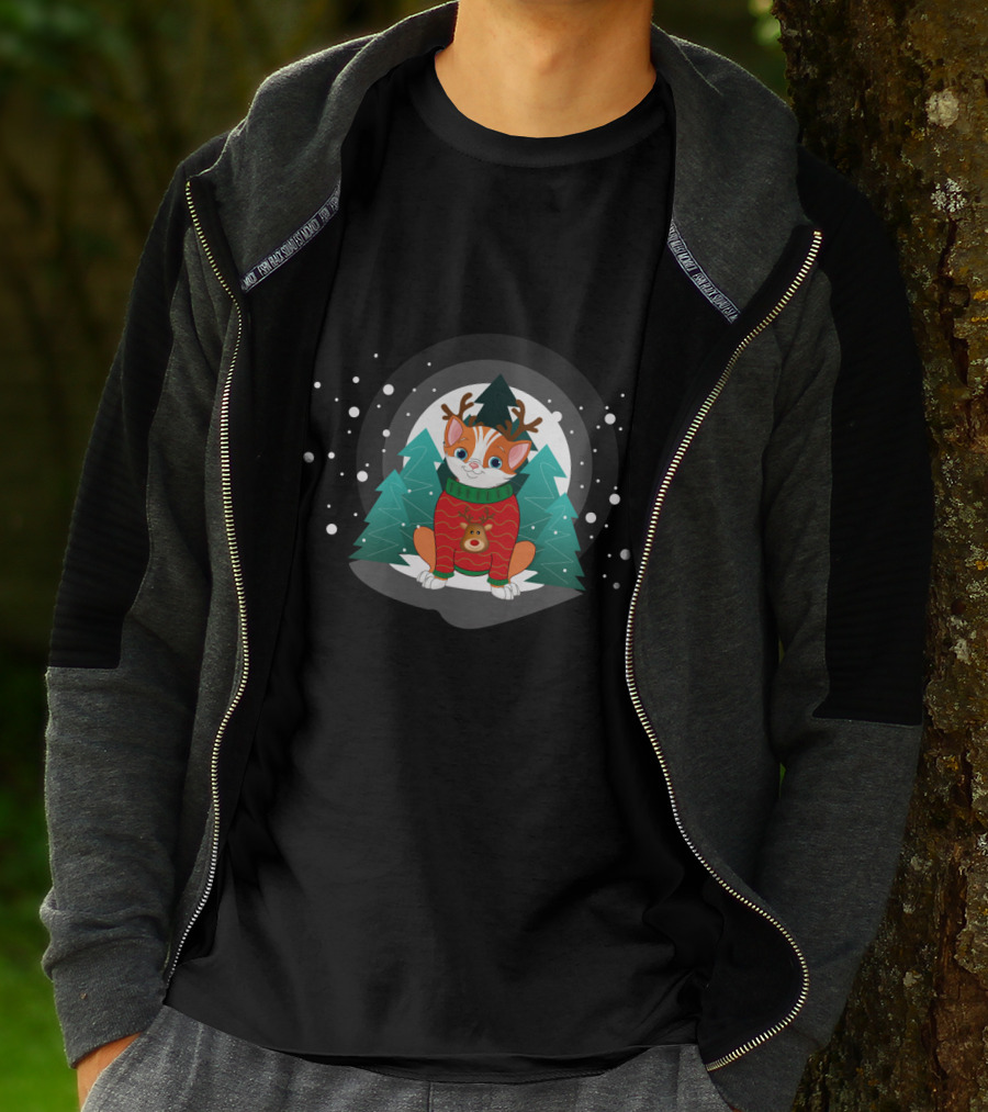 Cat Terrier Christmas Sweater With Snowy Trees And Reindeer Antlers T-Shirt