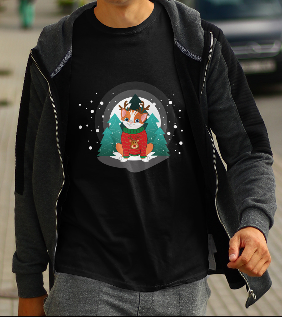 Cat Terrier Christmas Sweater With Snowy Trees And Reindeer Antlers T-Shirt