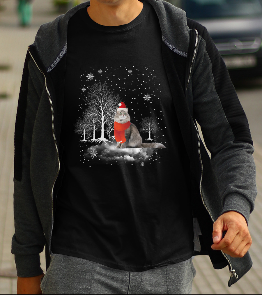 Cat In Snowy Winter Scene With Red Santa Hat And Scarf T-Shirt