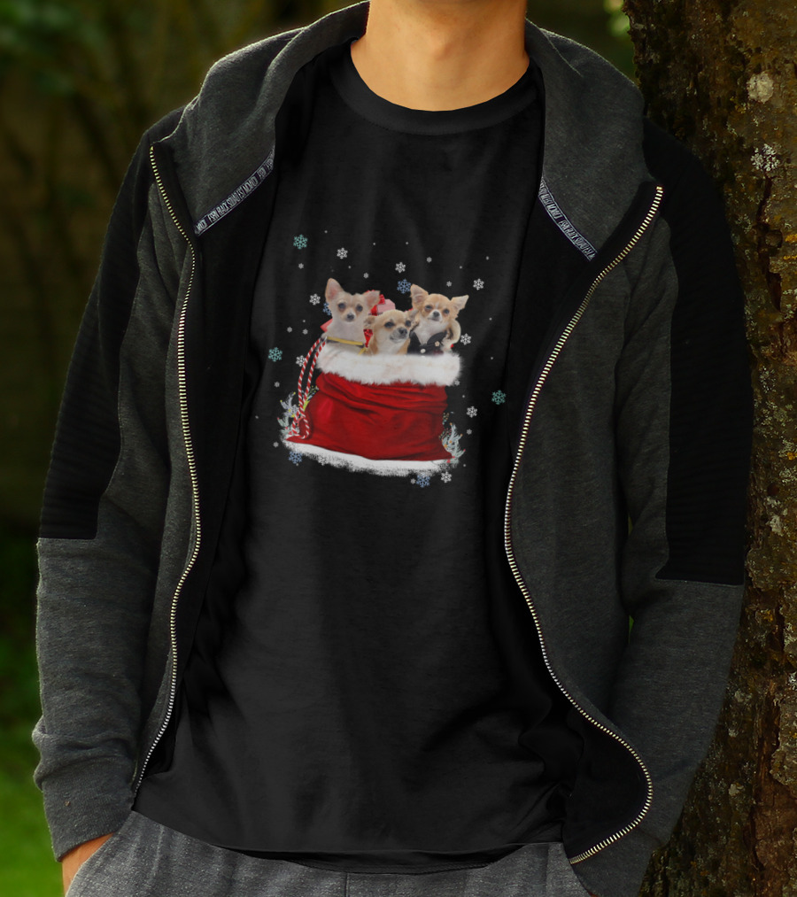 Chihuahua Christmas Trio In Festive Red Santa Bag With Snowflakes T-Shirt