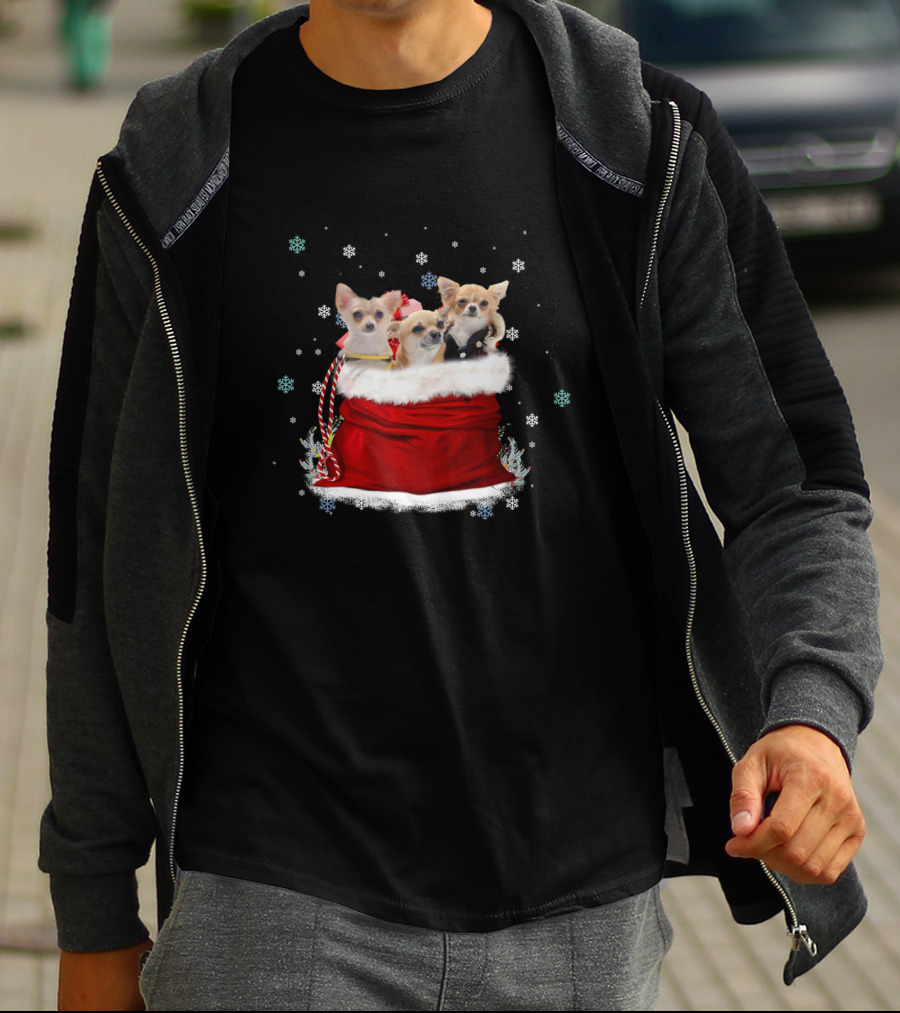 Chihuahua Christmas Trio In Festive Red Santa Bag With Snowflakes T-Shirt